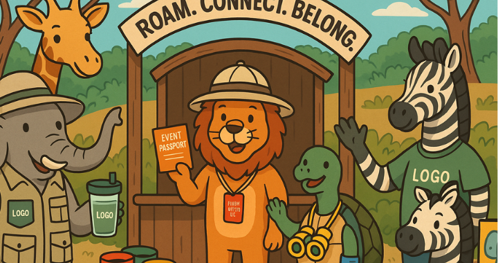 Cartoon zoo animals with branded items in a swag event strategy illustratio