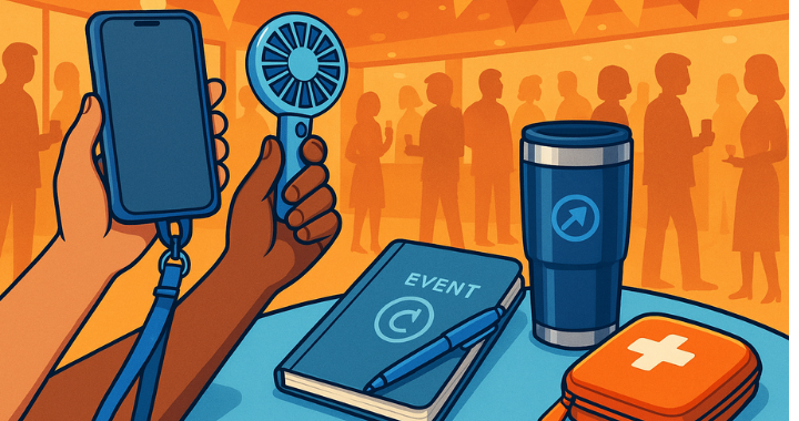 Cartoon-style illustration of promotional swag items like tech organizers, water bottles, power banks, and branded gear displayed on a colorful event table