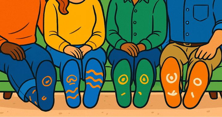 Diverse group of employees in a modern office wearing colorful, custom-branded socks with company logos and patterns, promoting team spirit and brand visibility through unique corporate swag.