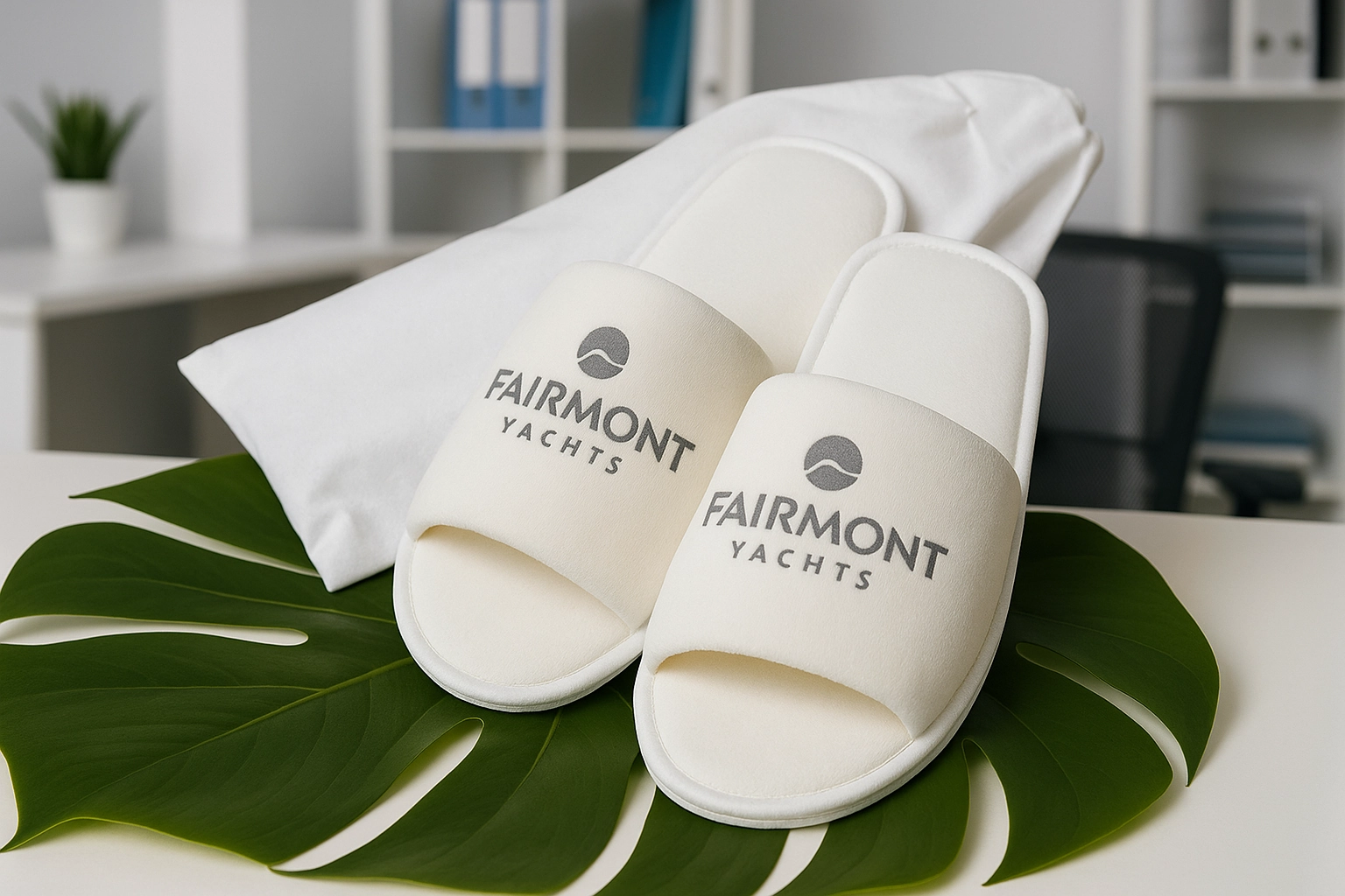 Pair of white open-toe Fairmont Yachts branded slippers placed on a large green monstera leaf, with a white pouch in the background on a modern office desk.