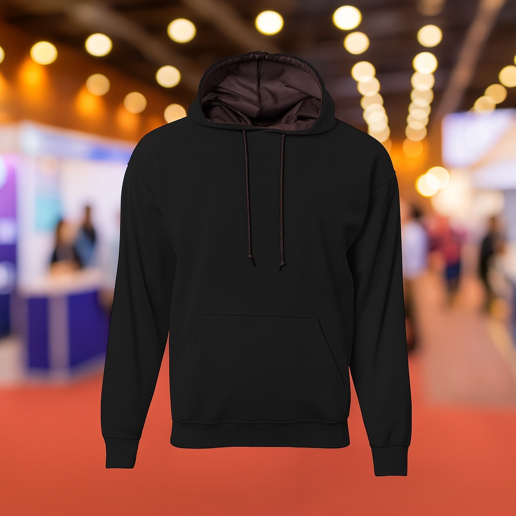 Black swag hoodie folded inside a gift box at a conference giveaway table