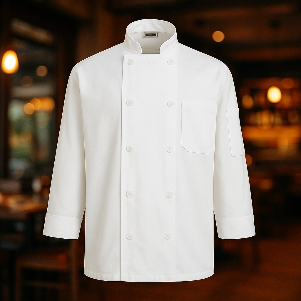 White double-breasted chef coat on display in a cozy restaurant dining area, representing branded restaurant uniforms for staff promotion