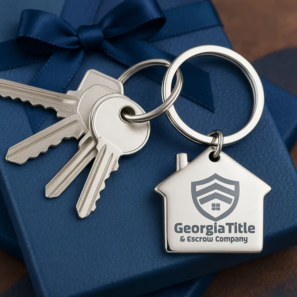 polished silver house-shaped keychain engraved, attached to a set of three silver keys.