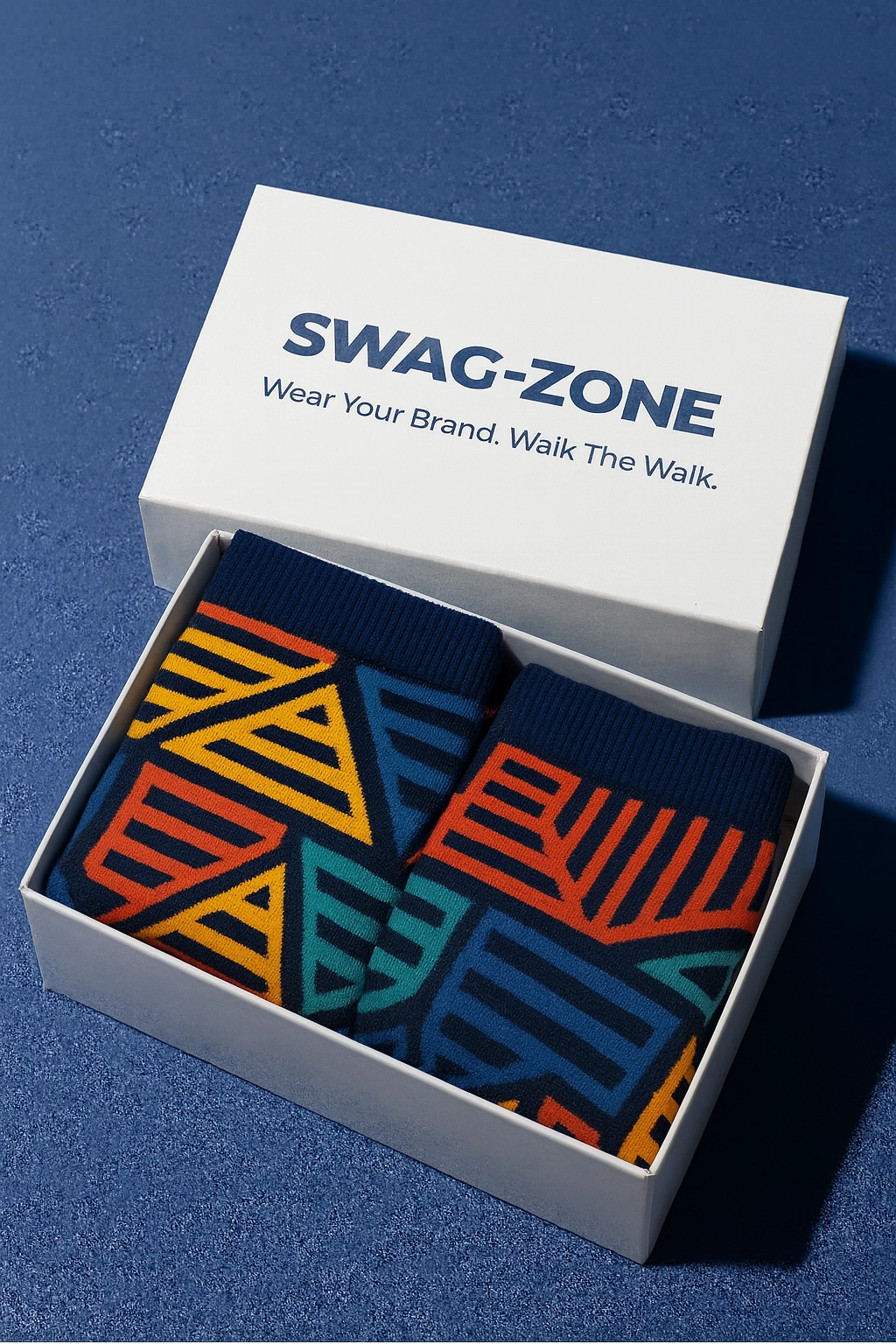 Containing a neatly folded pair of vibrant custom socks