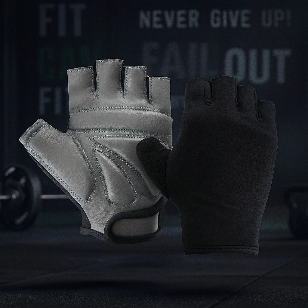 Pair of fingerless workout gloves on a gym bench with blurred fitness equipment in the background, ideal for corporate swag or fitness-focused promotional gifts