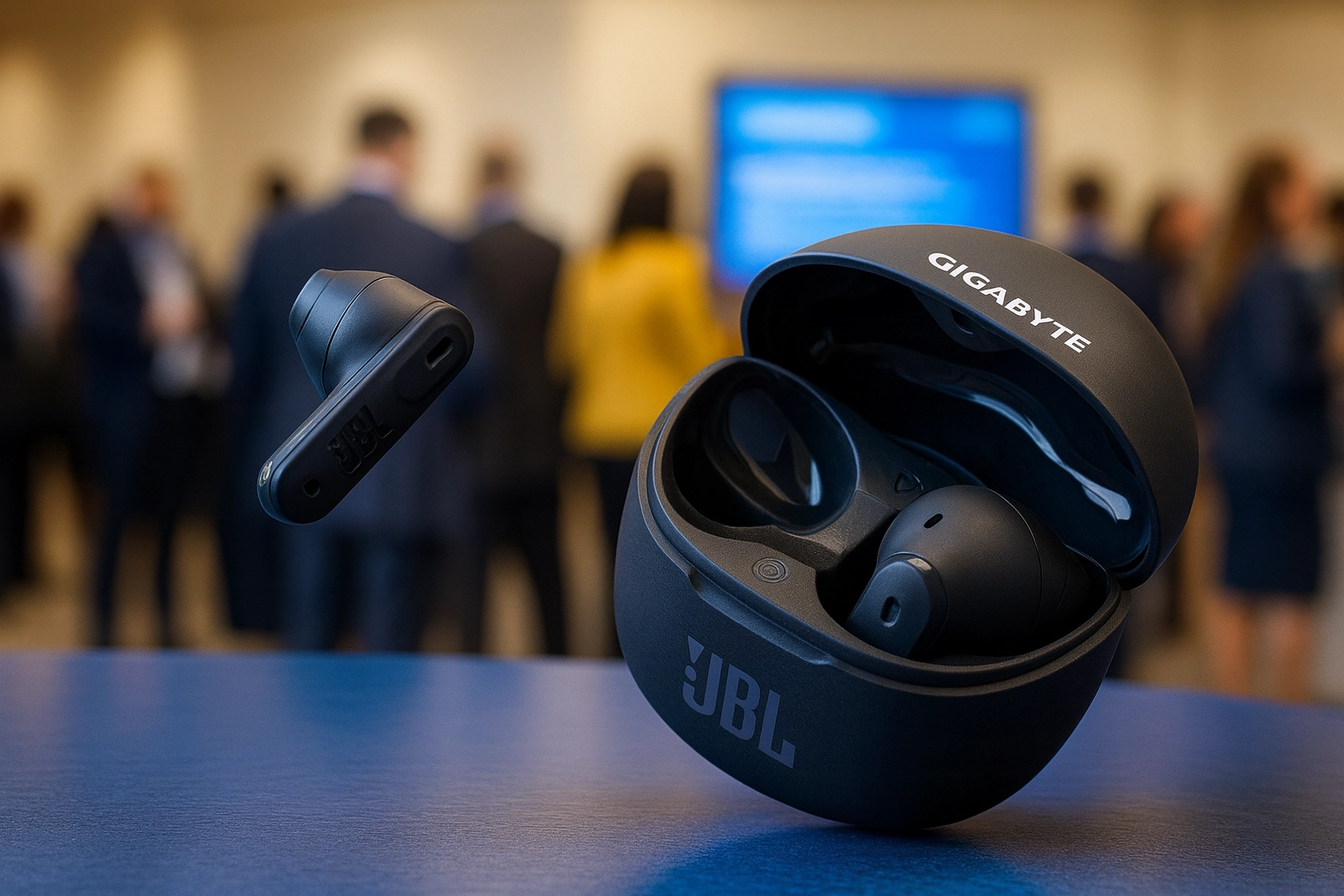 Black JBL wireless earbuds in an open branded charging case displayed on a table with a blurred corporate networking event in the background