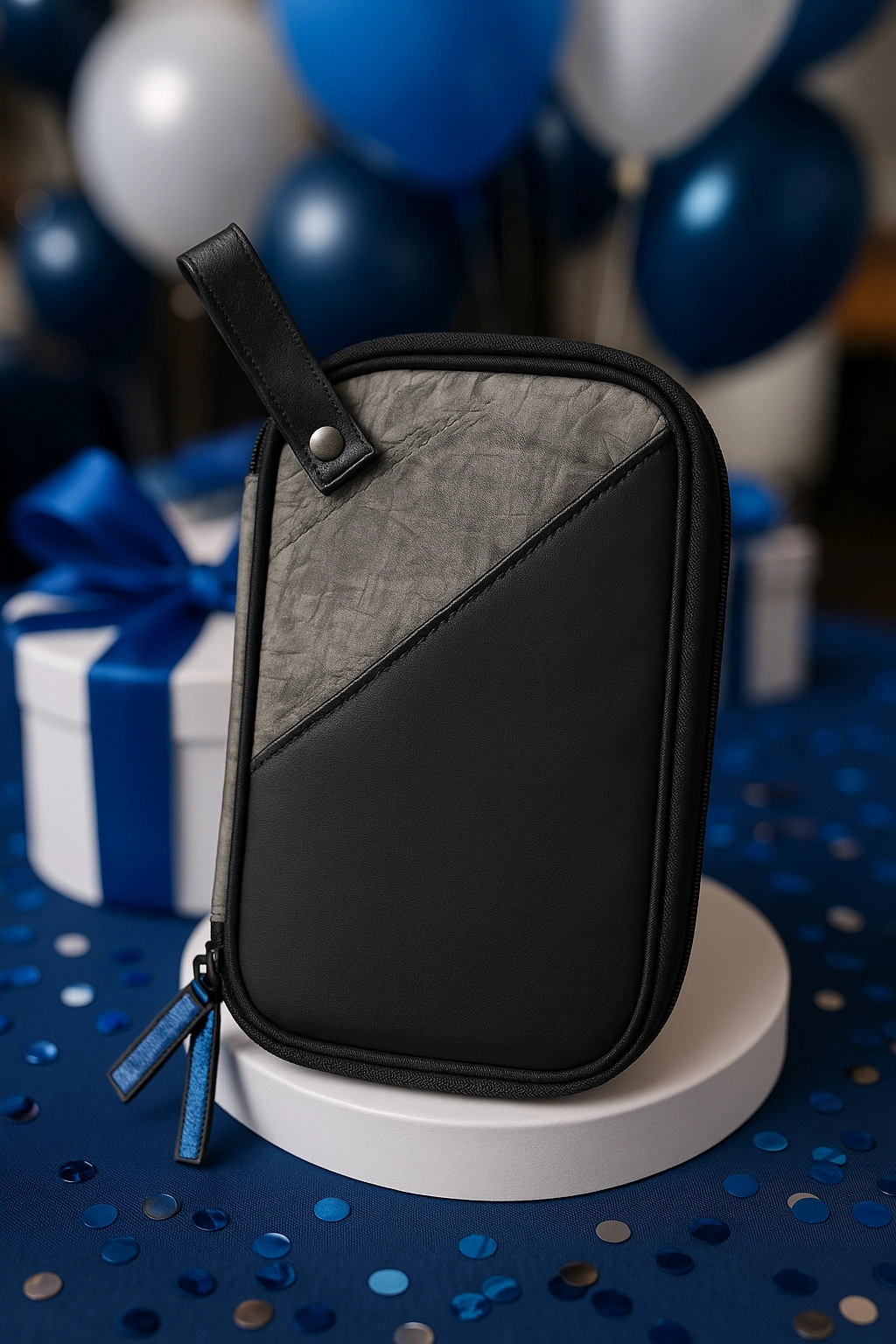 Stylish tech organizer pouch displayed with charging cables, adapters, and event essentials, designed as a branded giveaway item