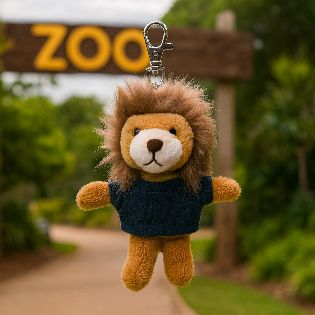 A plush lion keychain wearing a navy blue shirt, hanging in front of a zoo entrance