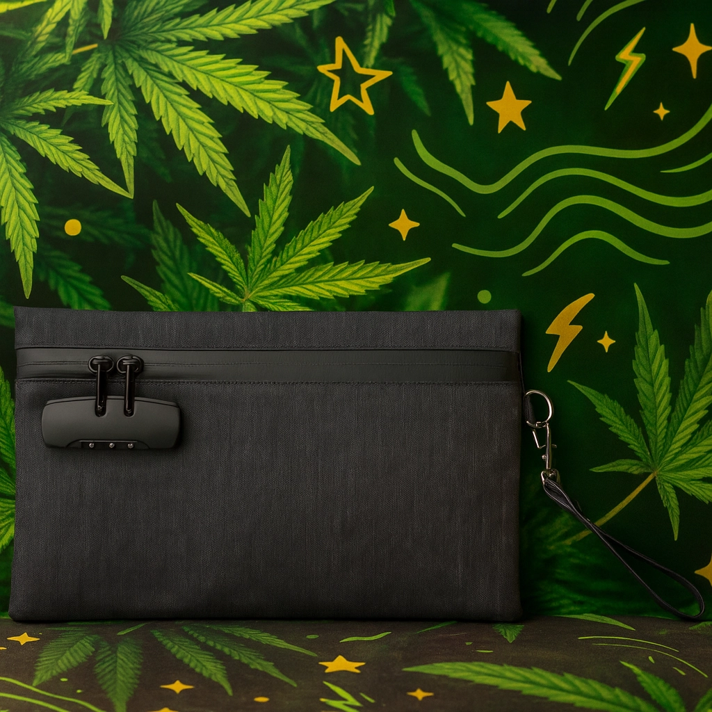 Charcoal-gray smell-proof pouch with combination lock and wrist strap, displayed against a vibrant cannabis-themed background featuring green marijuana leaves 