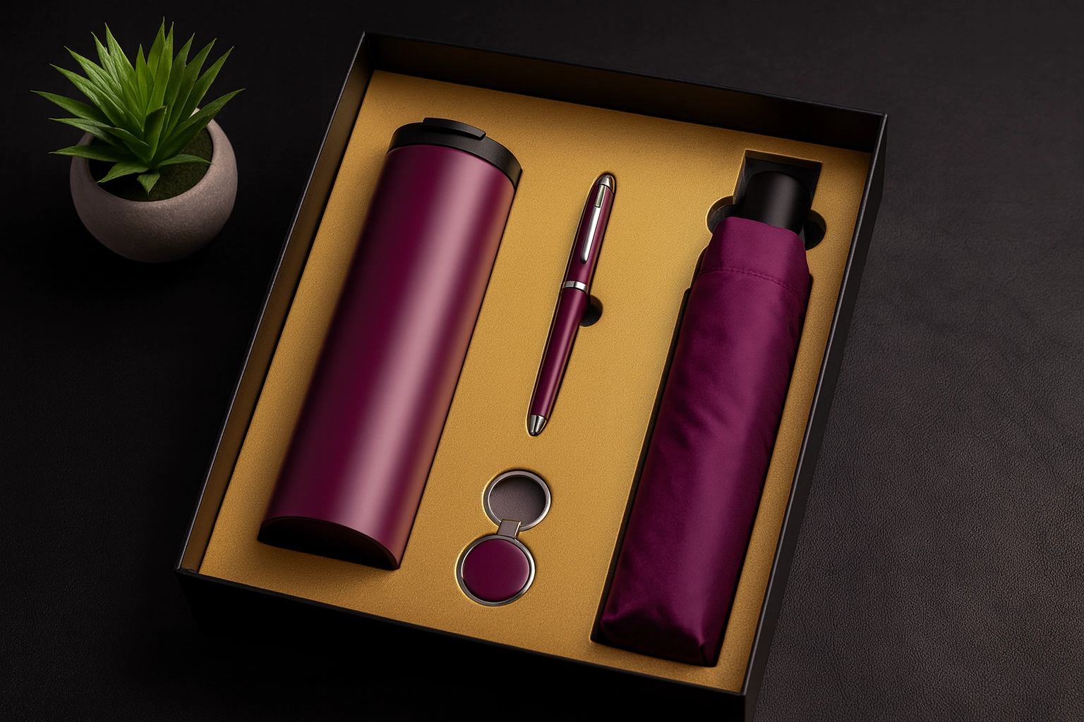 Financial institution promotional products in a premium milestone gift box with tumbler, pen, and umbrella on an upscale background”