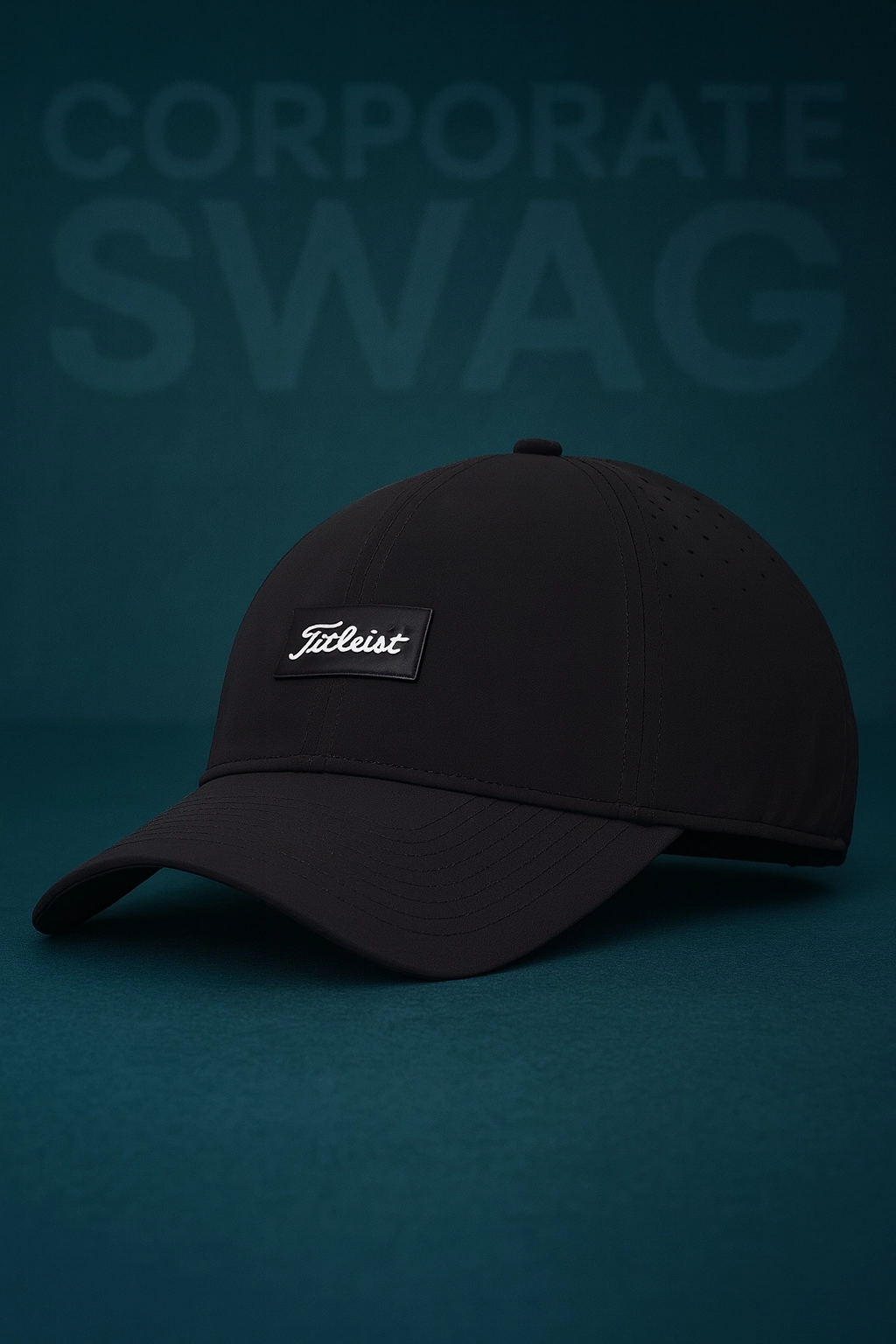 Black custom baseball cap with stitched Titleist logo, displayed on a teal background in a corporate swag setting.