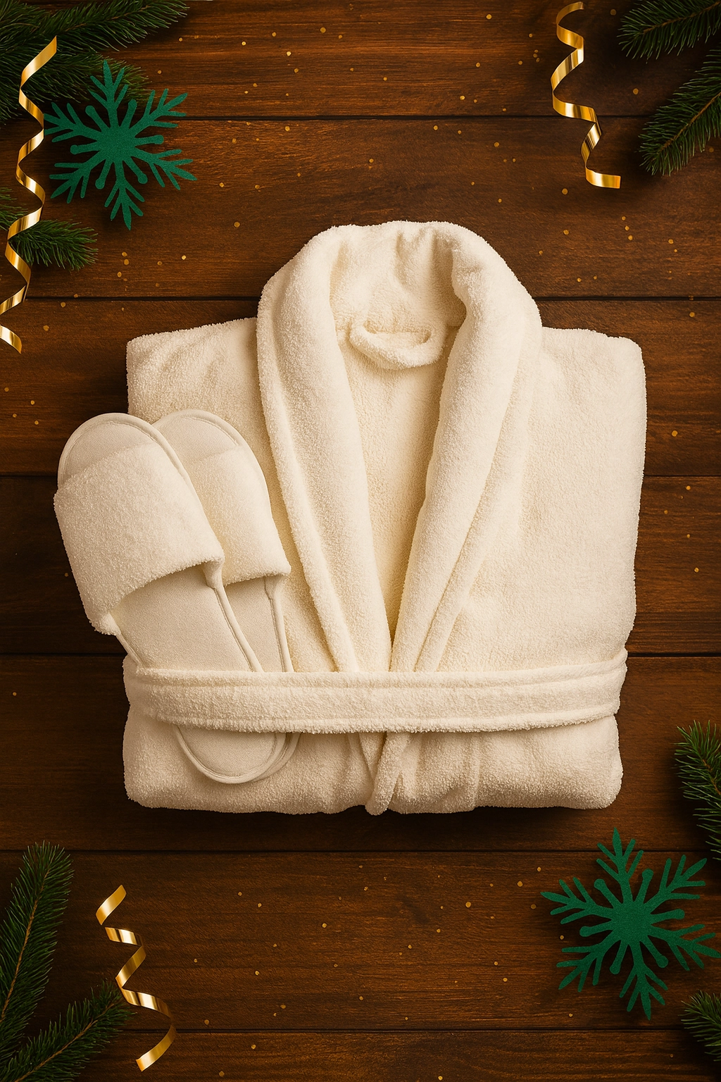 Plush white bathrobe and slippers arranged on a wooden surface