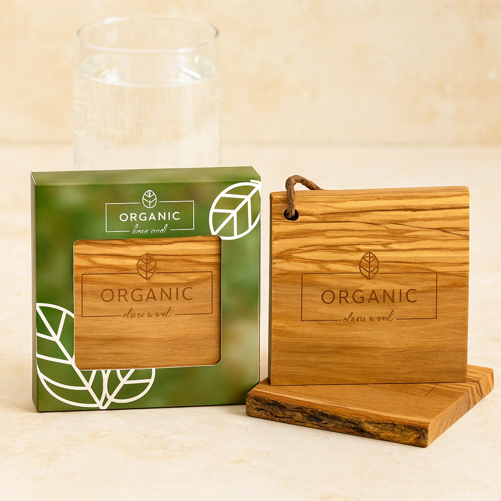 Olive wood drink coasters displayed on a light marble surface, with one coaster under a glass of sparkling water and others stacked beside eco-friendly packaging