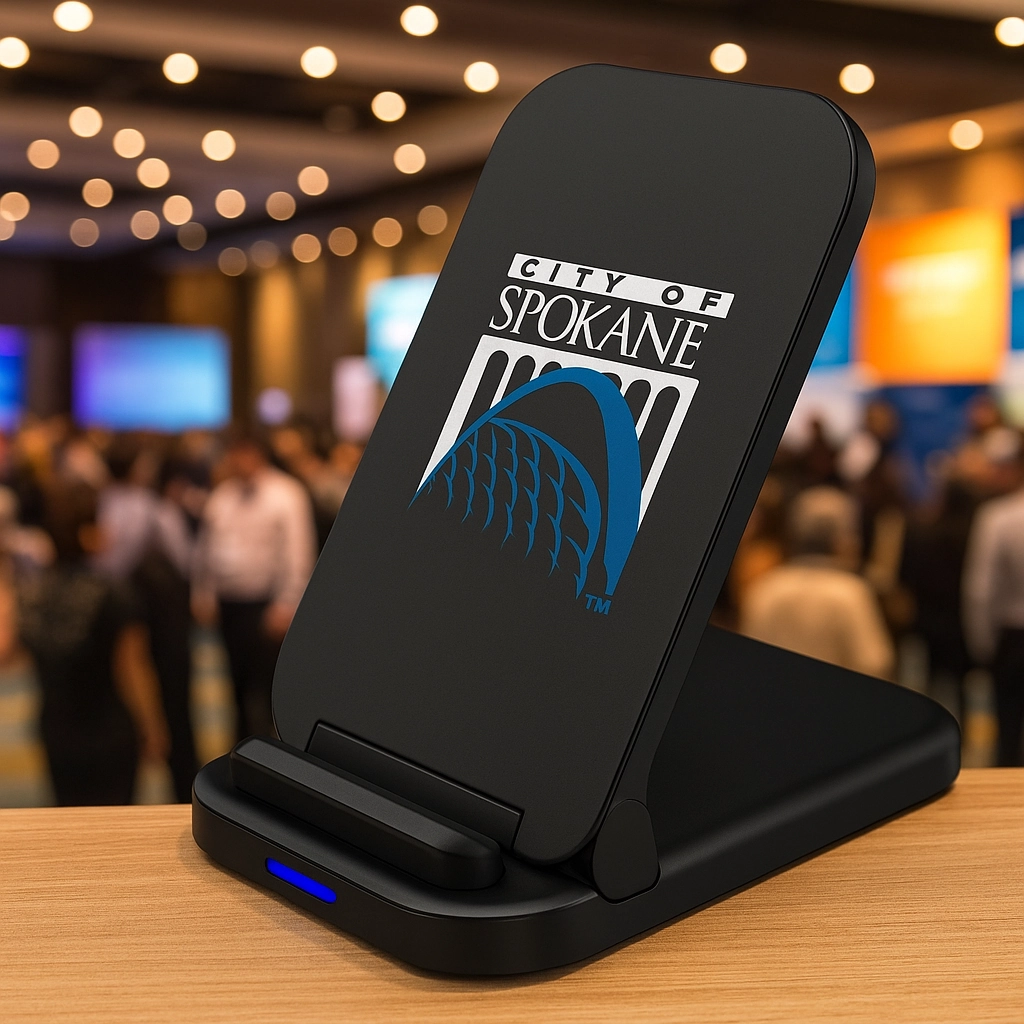 Branded black wireless charging stand with the City of Spokane logo, displayed on a clean surface with a blurred conference booth background, highlighting it as a premium conference giveaway item.