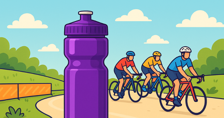 Cartoon illustration of promotional water bottles for cycling with riders on road