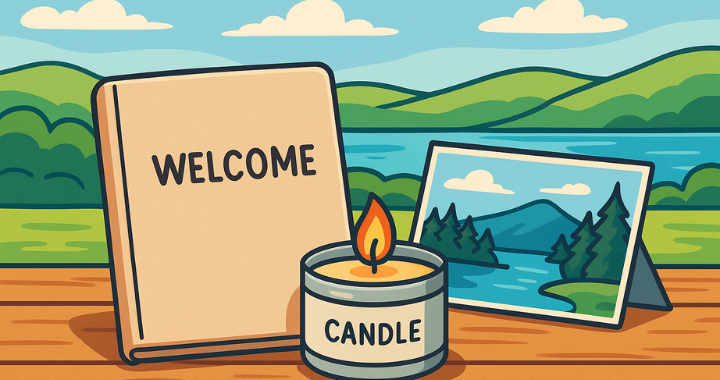 Cartoon-style illustration of a welcome gift display