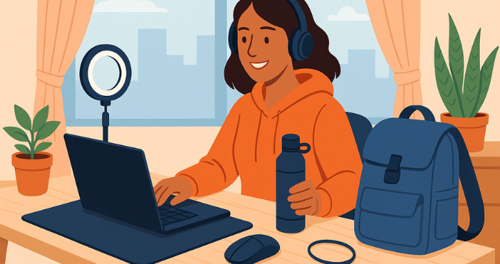 Cartoon-style illustration of remote employees receiving swag items like apparel, tech accessories, and desk gear in a virtual work environment.