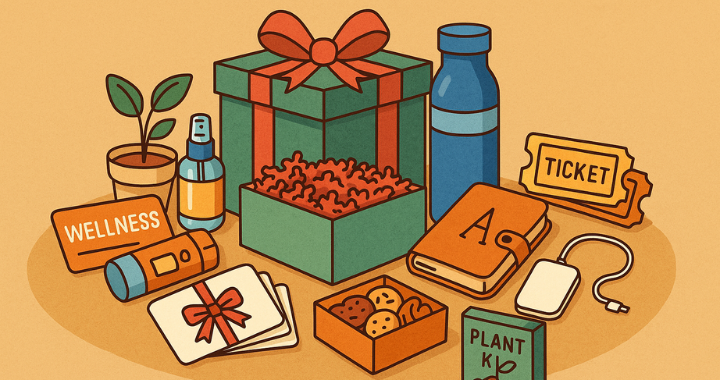 Cartoon-style illustration of a corporate gift box surrounded by popular 2025 gifting trends