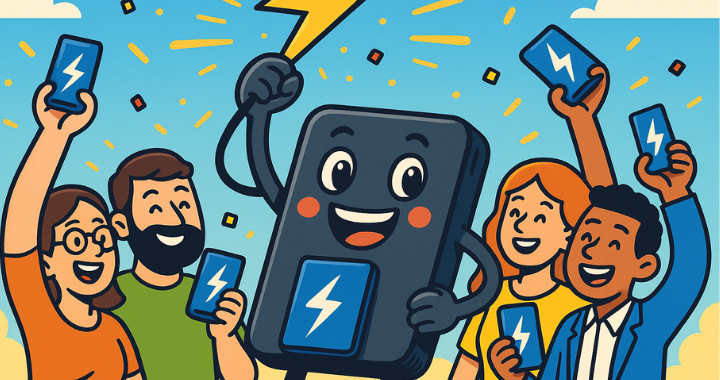 Cartoon of a happy power bank surrounded by smiling people holding devices.
