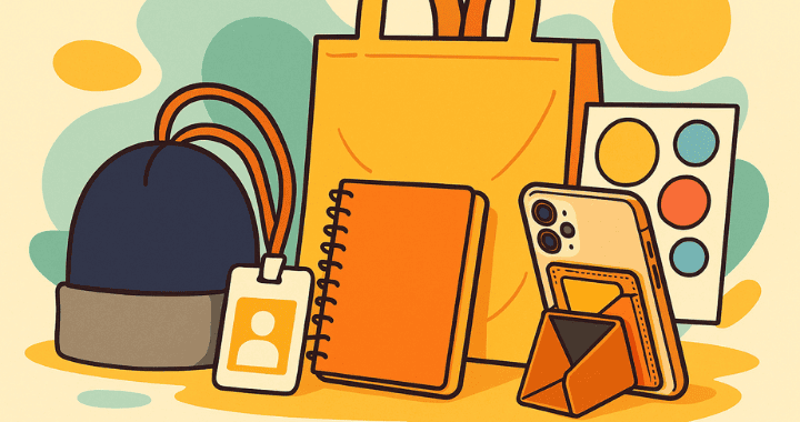 Cartoon-style illustration of budget-friendly swag items