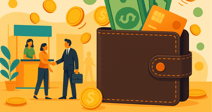 Cartoon-style illustration of a large wallet filled with cash and a credit card, set beside a trade show scene with businesspeople shaking hands and networking.
