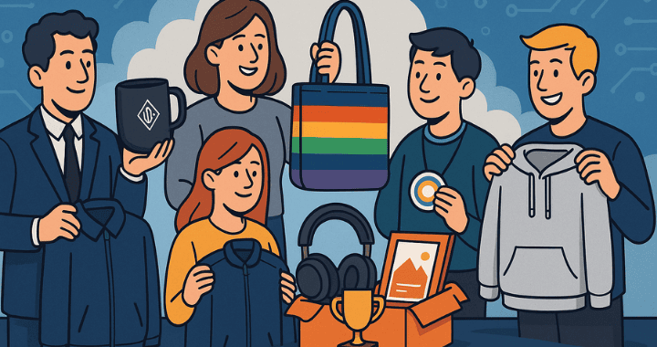 Cartoon-style illustration of five diverse people showcasing branded swag items, including a smart mug, rainbow tote bag, hoodie, headphones, and a trophy, with a tech-inspired cloud and circuit board background.