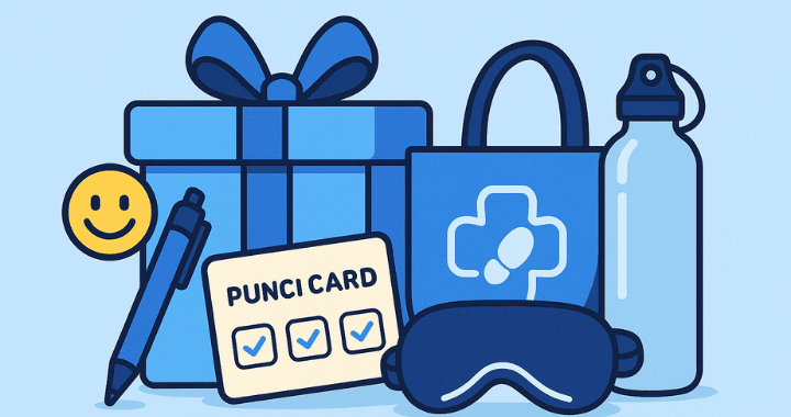 Illustration of outpatient care swag ideas including a punch card, gift kit, tote bag, and water bottle.