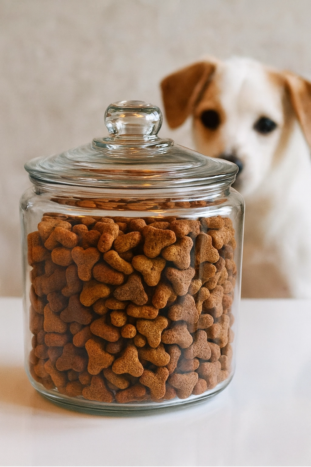 A clear glass jar filled with bone-shaped dog treats sits on a white surface, with a curious tan-and-white puppy looking at it from the background.