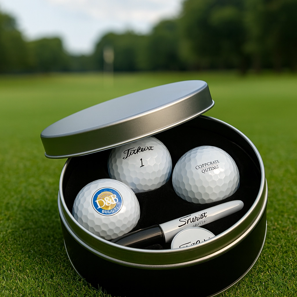 Open tin with branded golf balls and marker placed on a golf course during a tournament