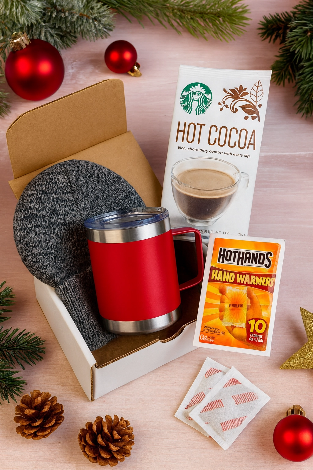 Holiday gift box with mug, beanie, cocoa, and hand warmers on festive background.
