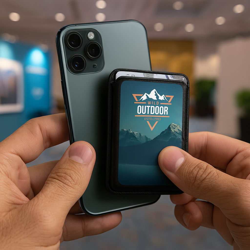 Hands attaching a branded phone holder wallet to the back of a smartphone, with a blurred conference booth background in view.