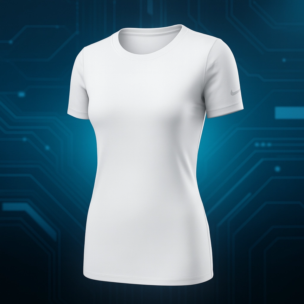 White Nike performance tee featured in a branded apparel swag concept, highlighting sleek fit and corporate logo placement.