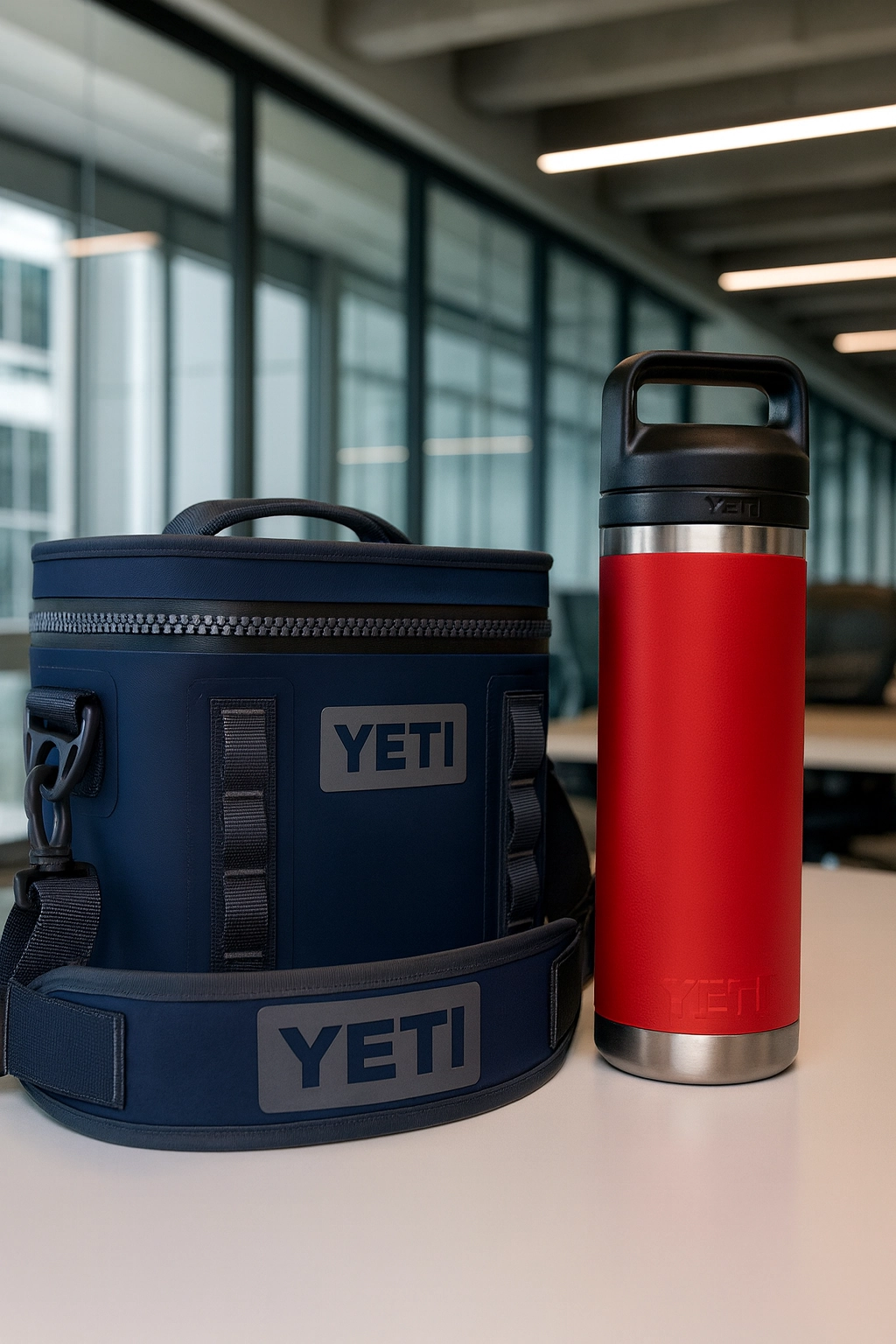 Custom-branded YETI cooler bag and red insulated bottle displayed on a modern office desk