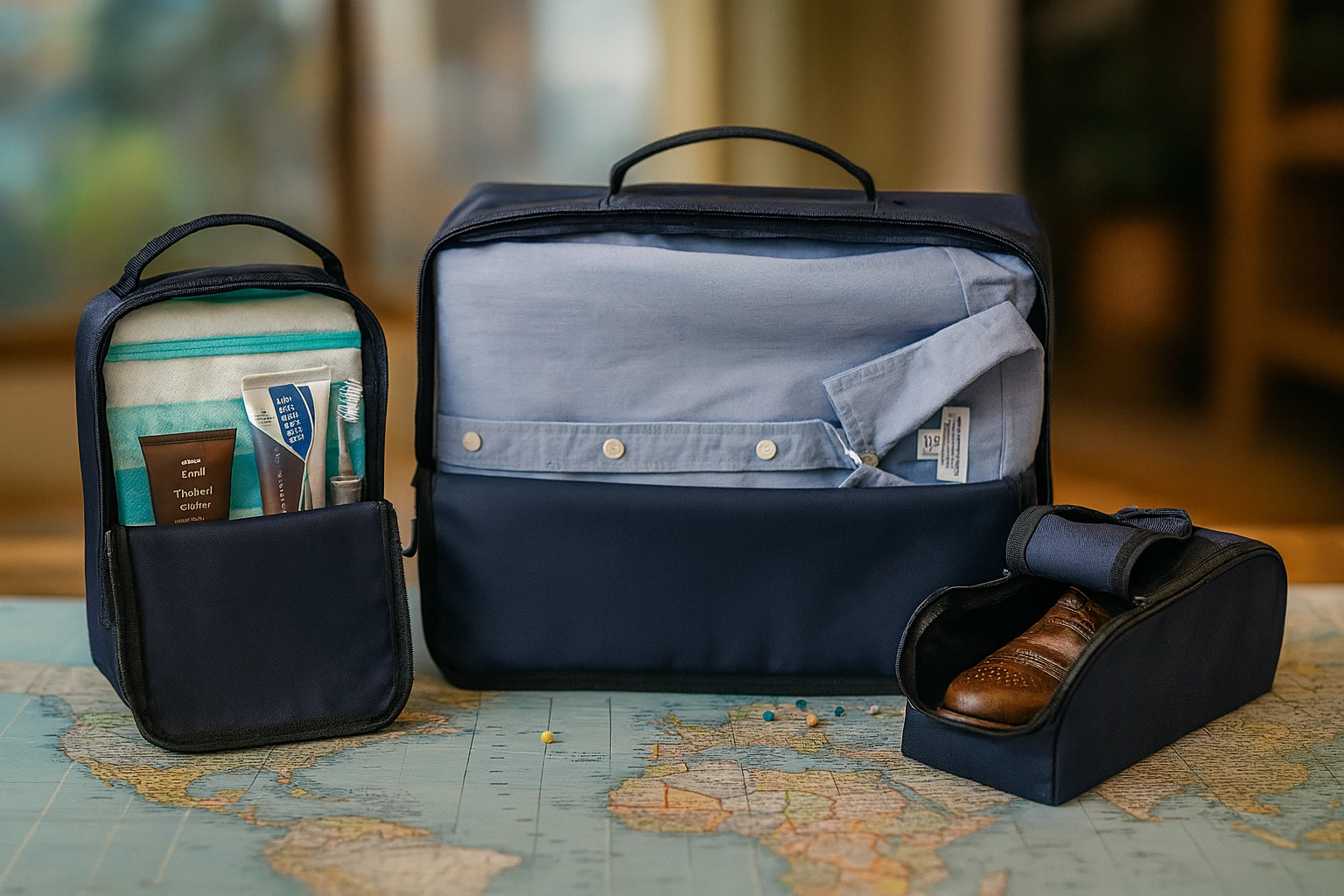 Navy blue travel kit set displayed on a world map