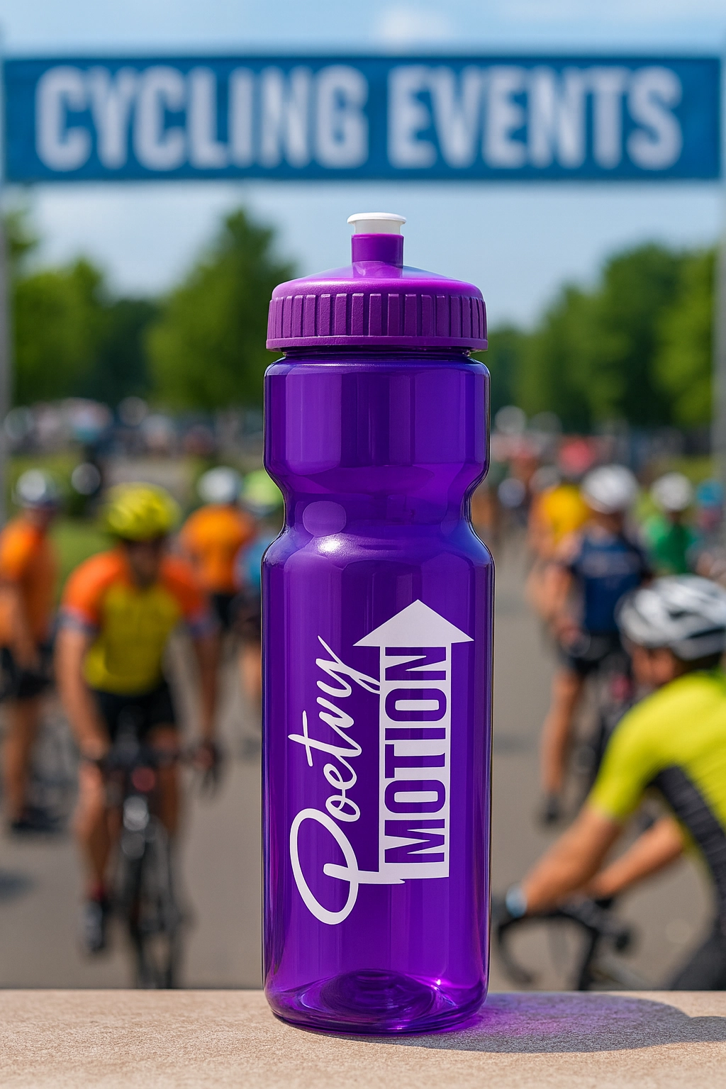 Promotional water bottles for cycling events displayed at race starting line