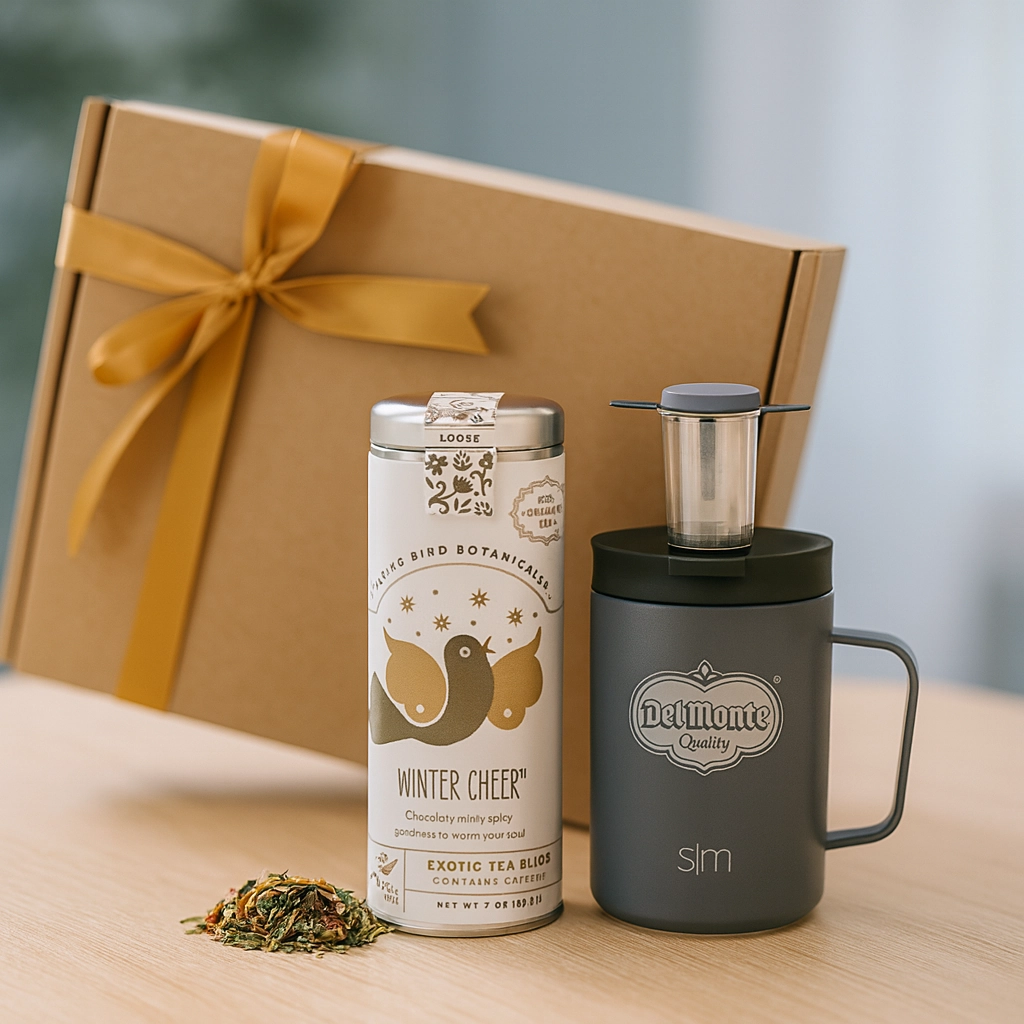 Branded wellness gift set including a loose-leaf tea tin, tea infuser mug with logo, and kraft gift box with gold ribbon on a calming background.