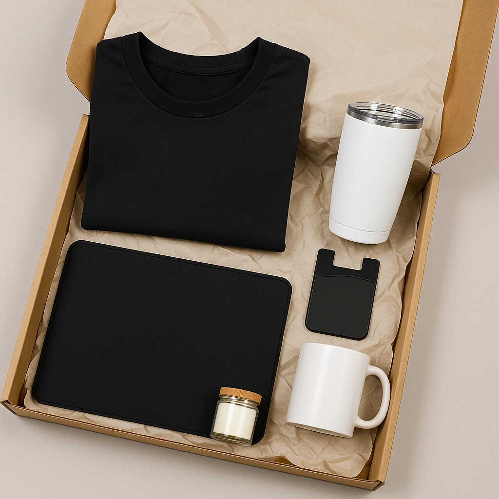 Open swag box displaying a folded black T-shirt, white tumbler, black desk mat, blank phone wallet, white mug, and small candle, arranged on crumpled kraft tissue paper.