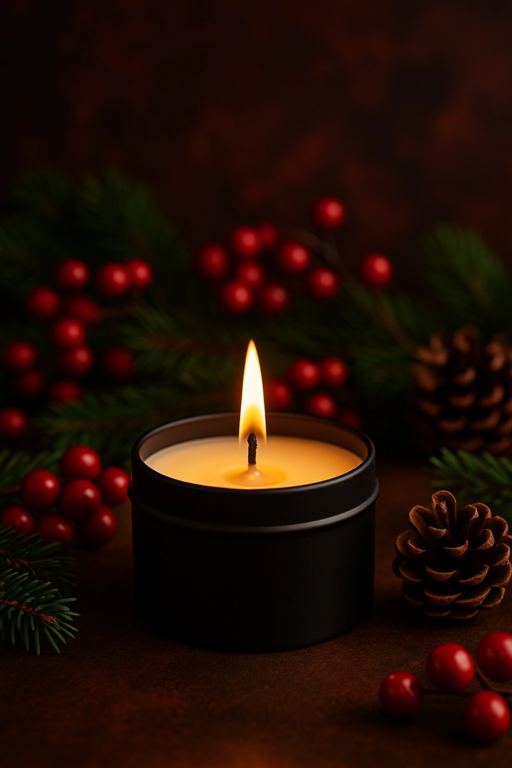 Lit scented candle in a matte black tin surrounded by pine sprigs, red berries, and pinecones, creating a festive holiday atmosphere.