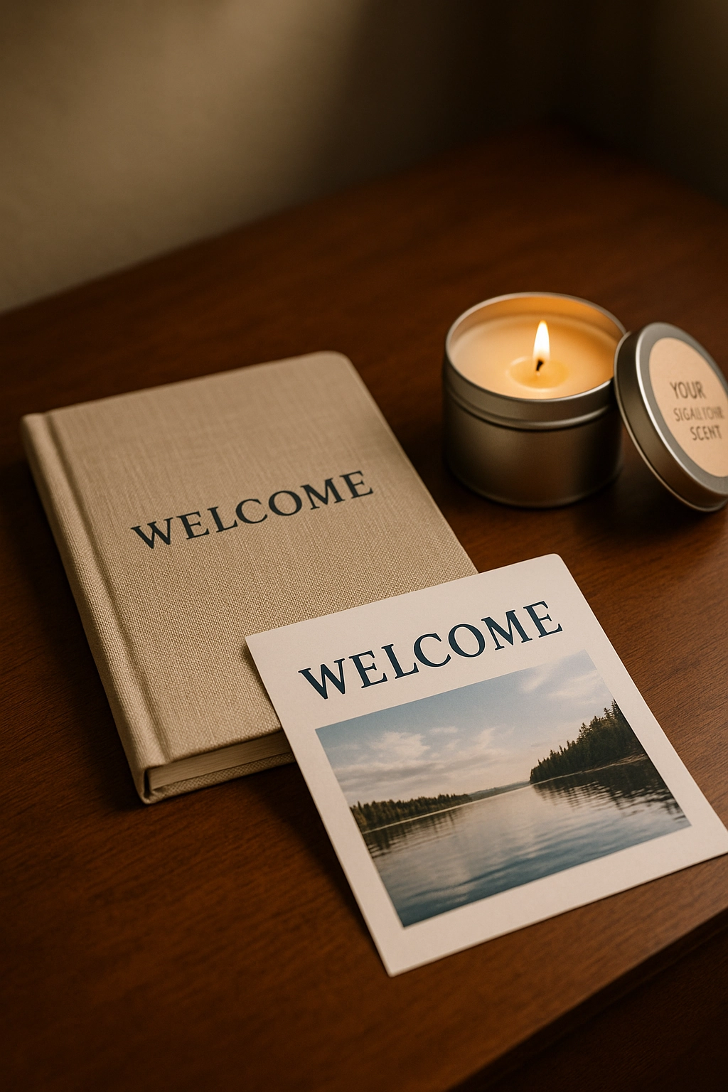 Linen journal, lit candle tin, and scenic postcard arranged on a wooden surface as a rental welcome gift.