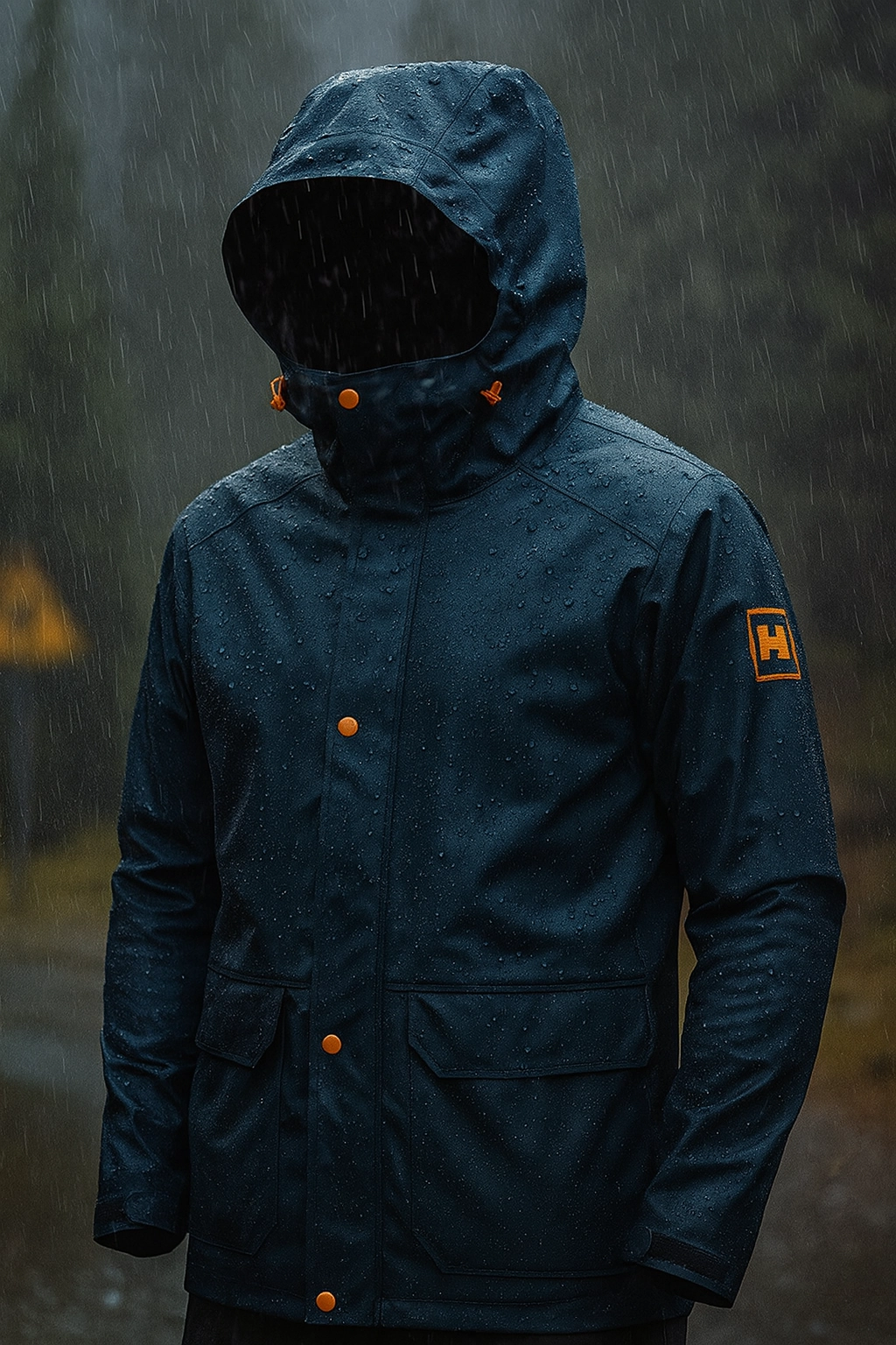 Navy blue waterproof rain jacket with orange accents worn outdoors in a rainy forest setting, with water droplets visible on the fabric.