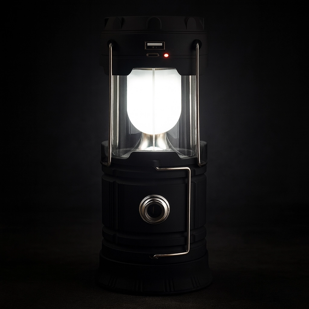 A black solar camping lantern glowing brightly in a dark environment