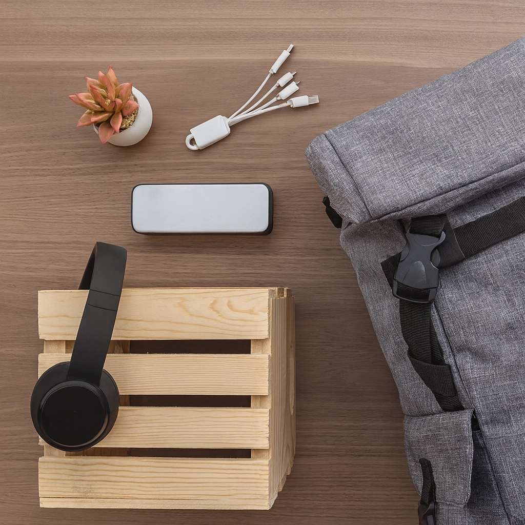 Swag items for remote employees including headphones, tech gear, and a backpack