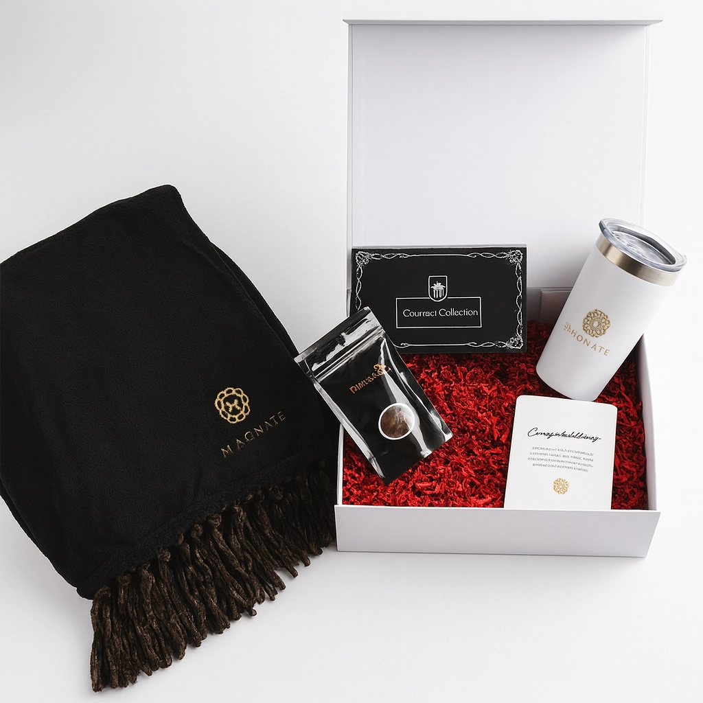 Corporate gift set with blanket, tumbler, gourmet treats, and card in a white box with red filler.