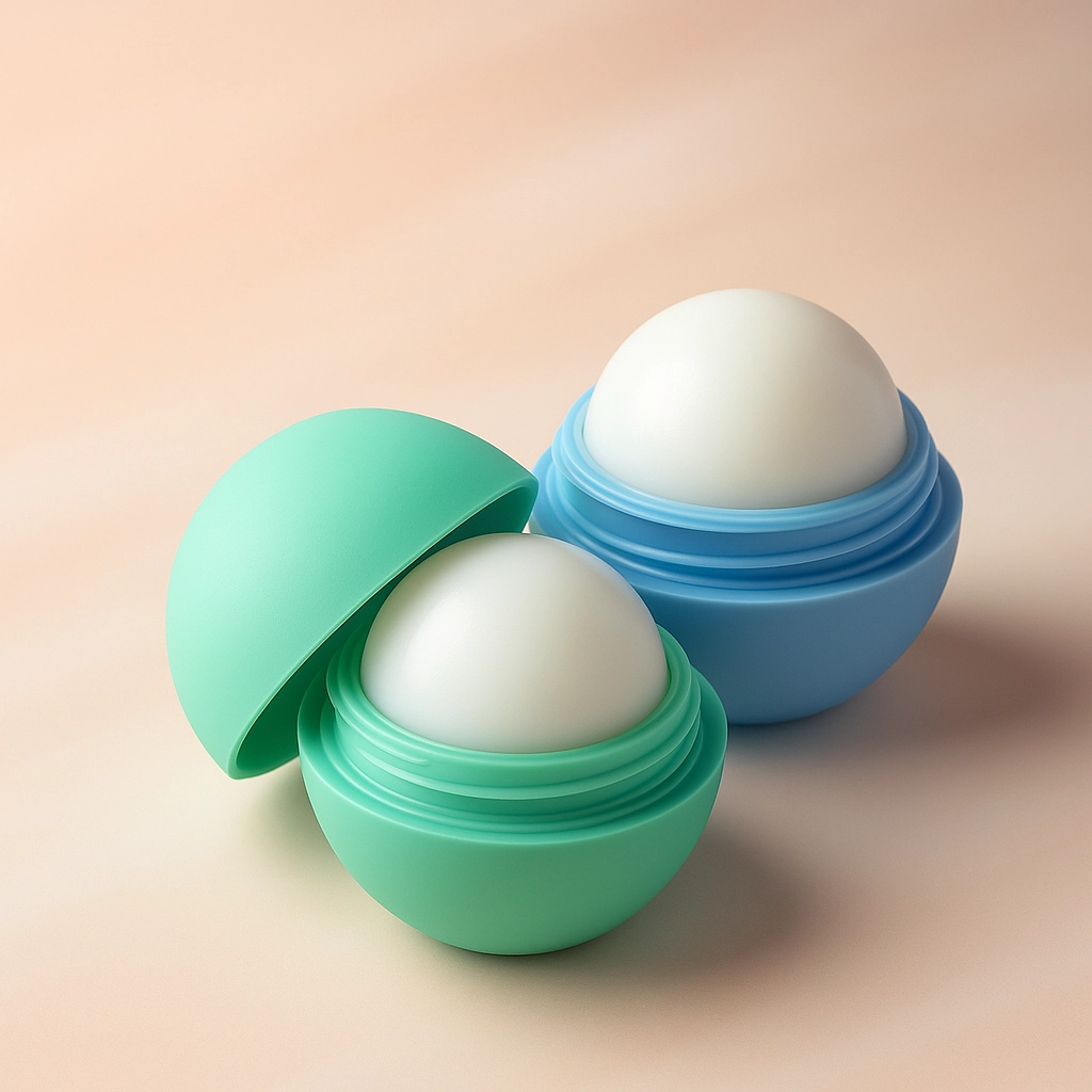 lip balm containers in mint green and pastel blue on a soft background