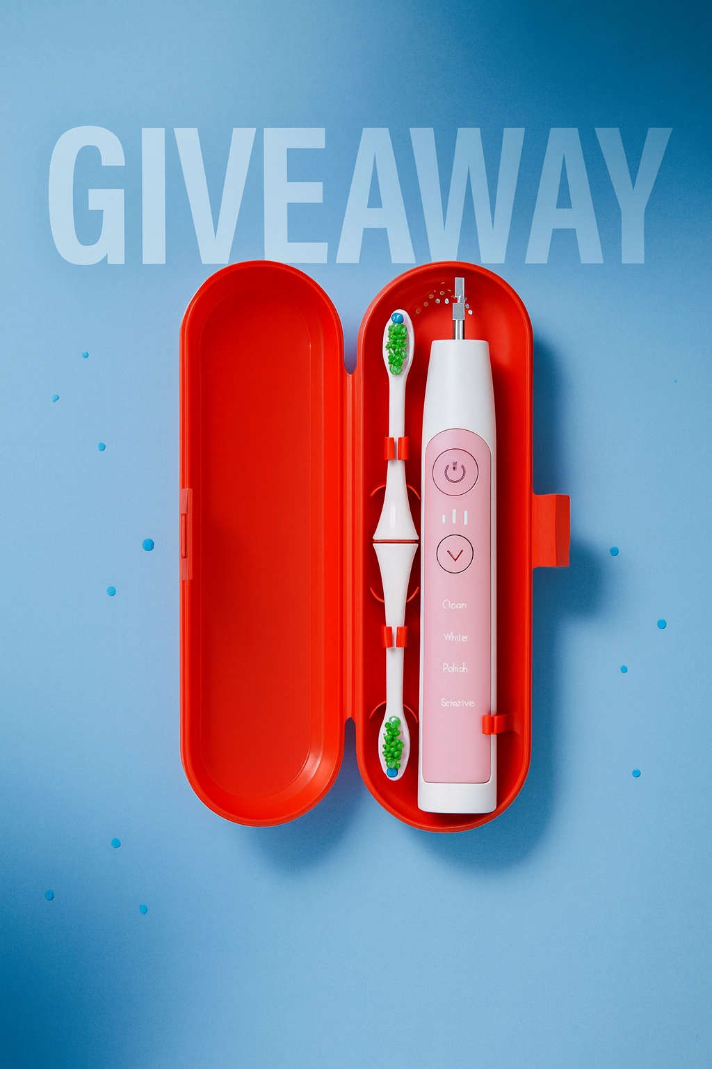 Electric toothbrush set in a red travel case with two brush heads, displayed against a clean blue background, ideal for dental practice giveaways.