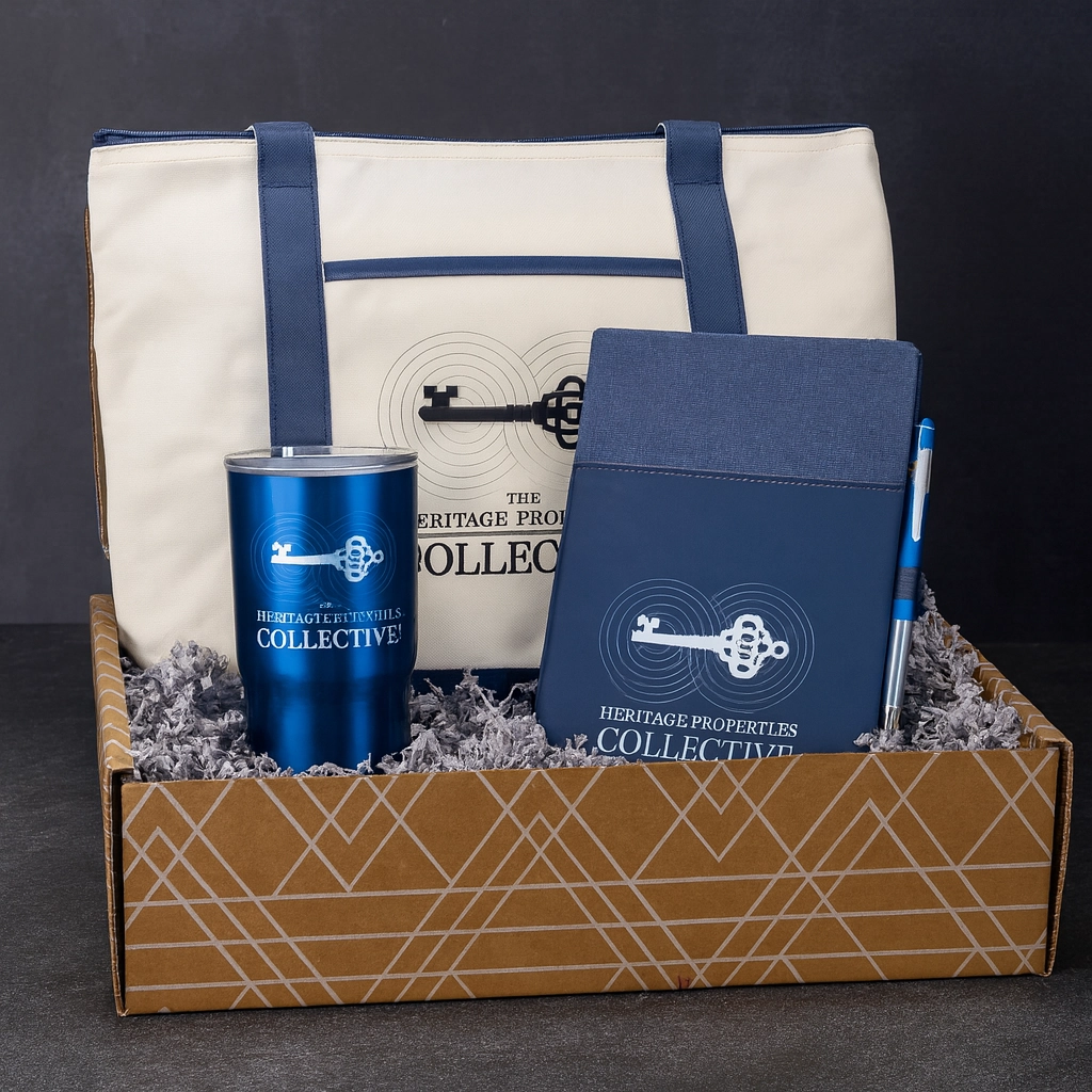 Promotional gift set displayed in a kraft box