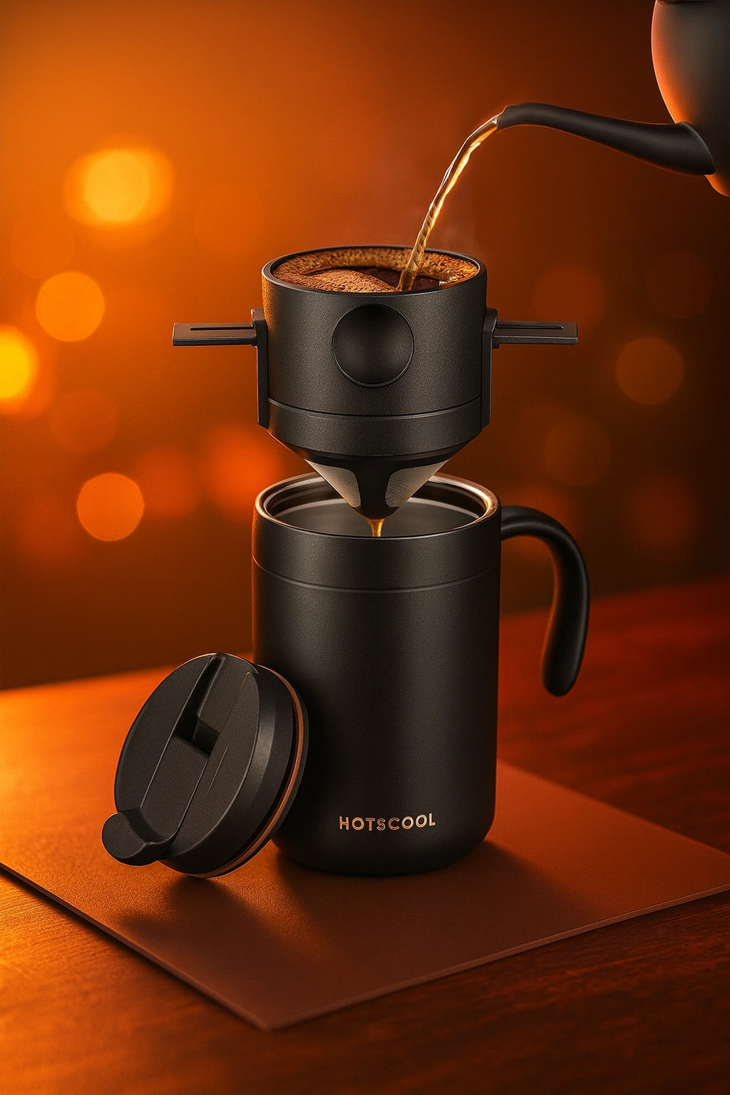 A matte black travel coffee tumbler with lid sits on a wooden surface while hot coffee is being poured through a sleek pour-over