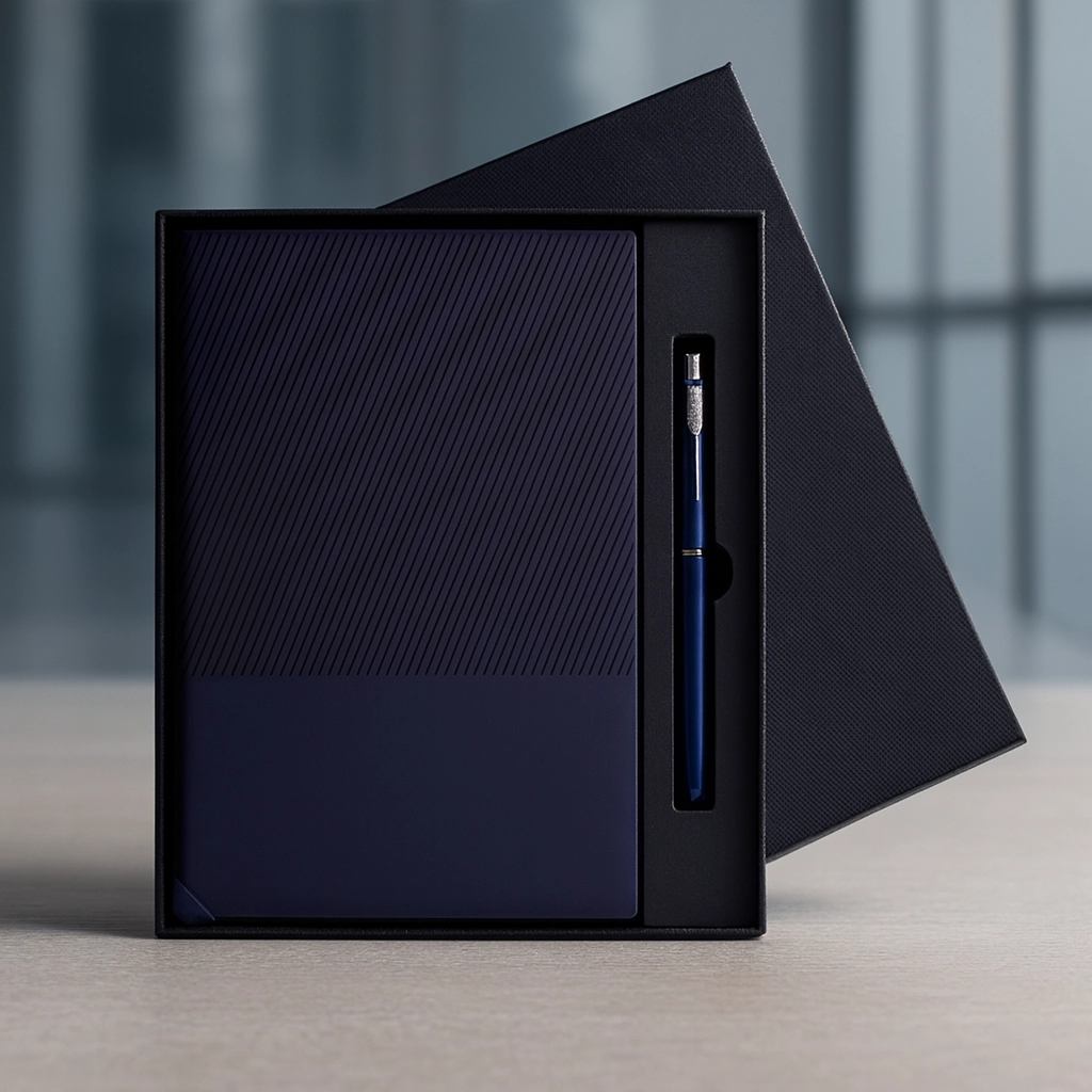 A high-quality corporate gift set featuring a navy blue notebook with a textured cover and a matching pen
