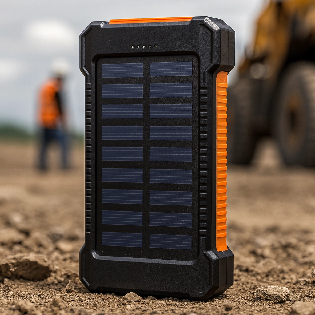Rugged solar power bank with orange edges placed on rocky ground at an outdoor worksite
