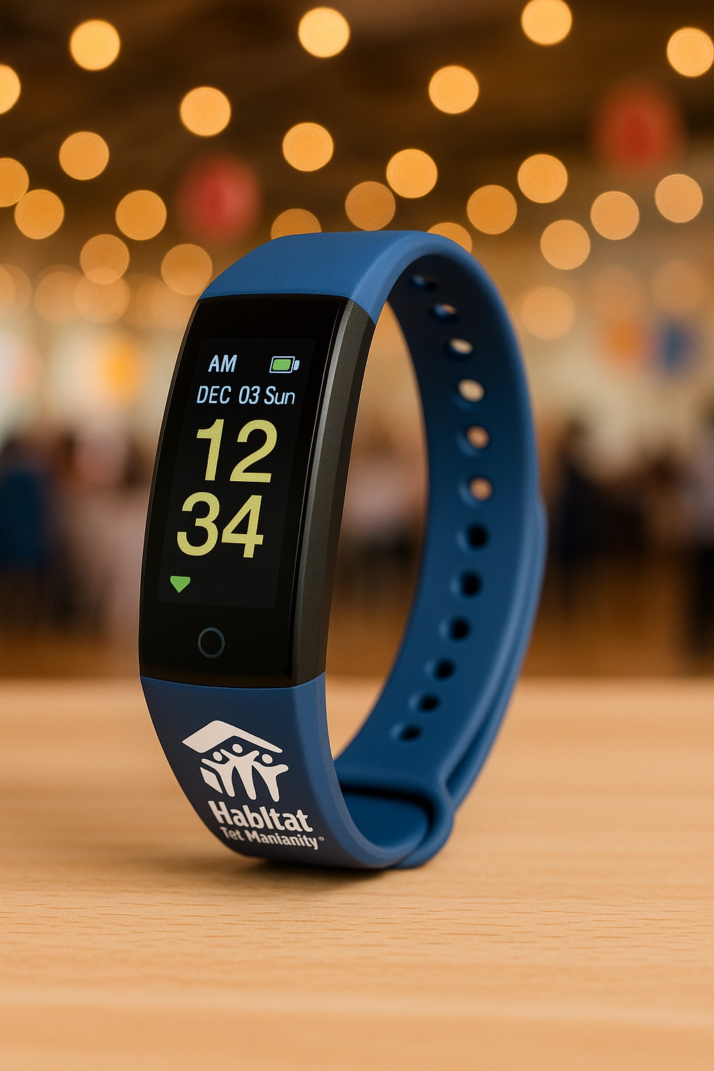 Blue Habitat for Humanity fitness tracker displayed upright on a wooden table